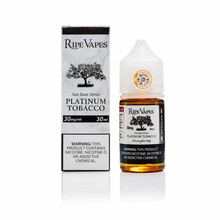Ripe Vapes San Juan Series Platinum Tobacco e-liquid 30ml bottle next to its retail packaging box, on a clean white background with a subtle reflection.
