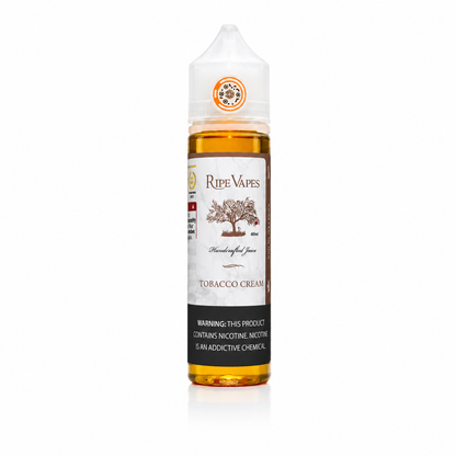 Ripe Vapes Tobacco Cream 60ML e-liquid bottle, MTL vaping flavor with rich tobacco and creamy notes, in a plastic bottle with label.