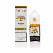 RIPE VAPES VCT e-liquid 30ml salt nicotine blend with vanilla, custard, and tobacco flavors in a bottle.