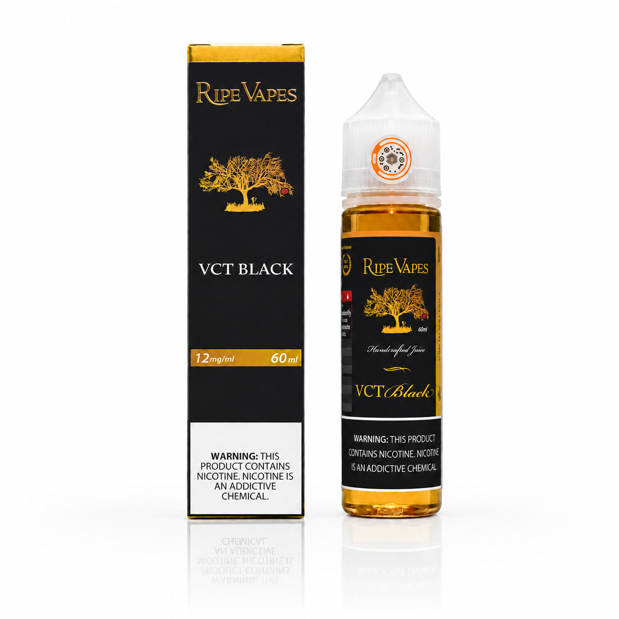 Ripe Vapes VCT Black 60ml e-liquid bottle with black label, designed for MTL vaping, featuring bold branding and sleek packaging.