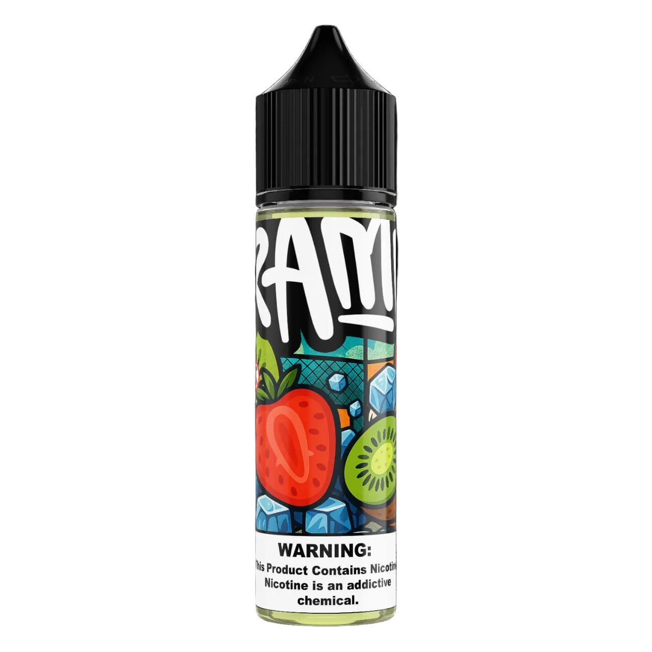 A bottle of RAMI e-liquid with a black cap and a colorful label featuring a strawberry, kiwi, and blue ice cubes, set against a solid black background.