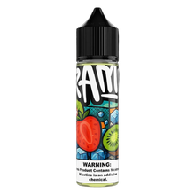 A bottle of RAMI e-liquid with a black cap and a colorful label featuring a strawberry, kiwi, and blue ice cubes, set against a solid black background.