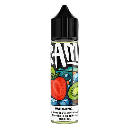 A bottle of RAMI e-liquid with a black cap and a colorful label featuring a strawberry, kiwi, and blue ice cubes, set against a solid black background.