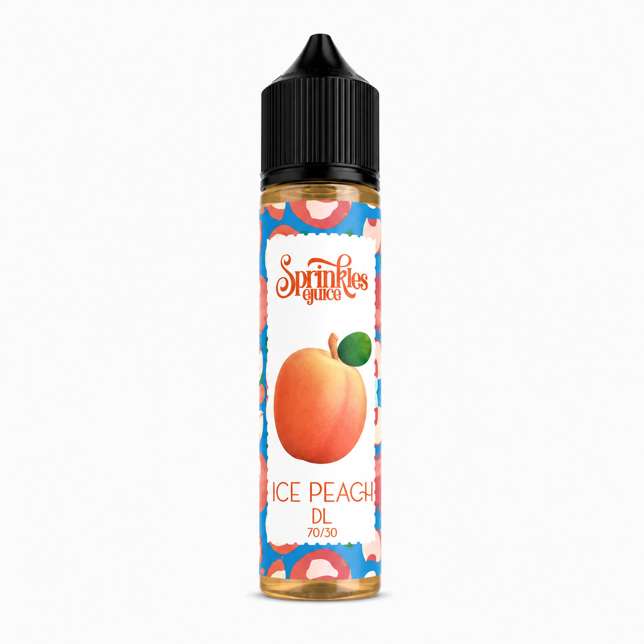 Bottle of SPRINKLES ICE PEACH e-liquid with a vibrant label, showcasing peach flavor and cooling ice elements in the design.