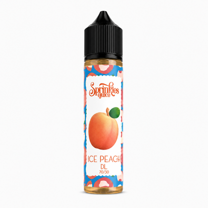 Bottle of SPRINKLES ICE PEACH e-liquid with a vibrant label, showcasing peach flavor and cooling ice elements in the design.