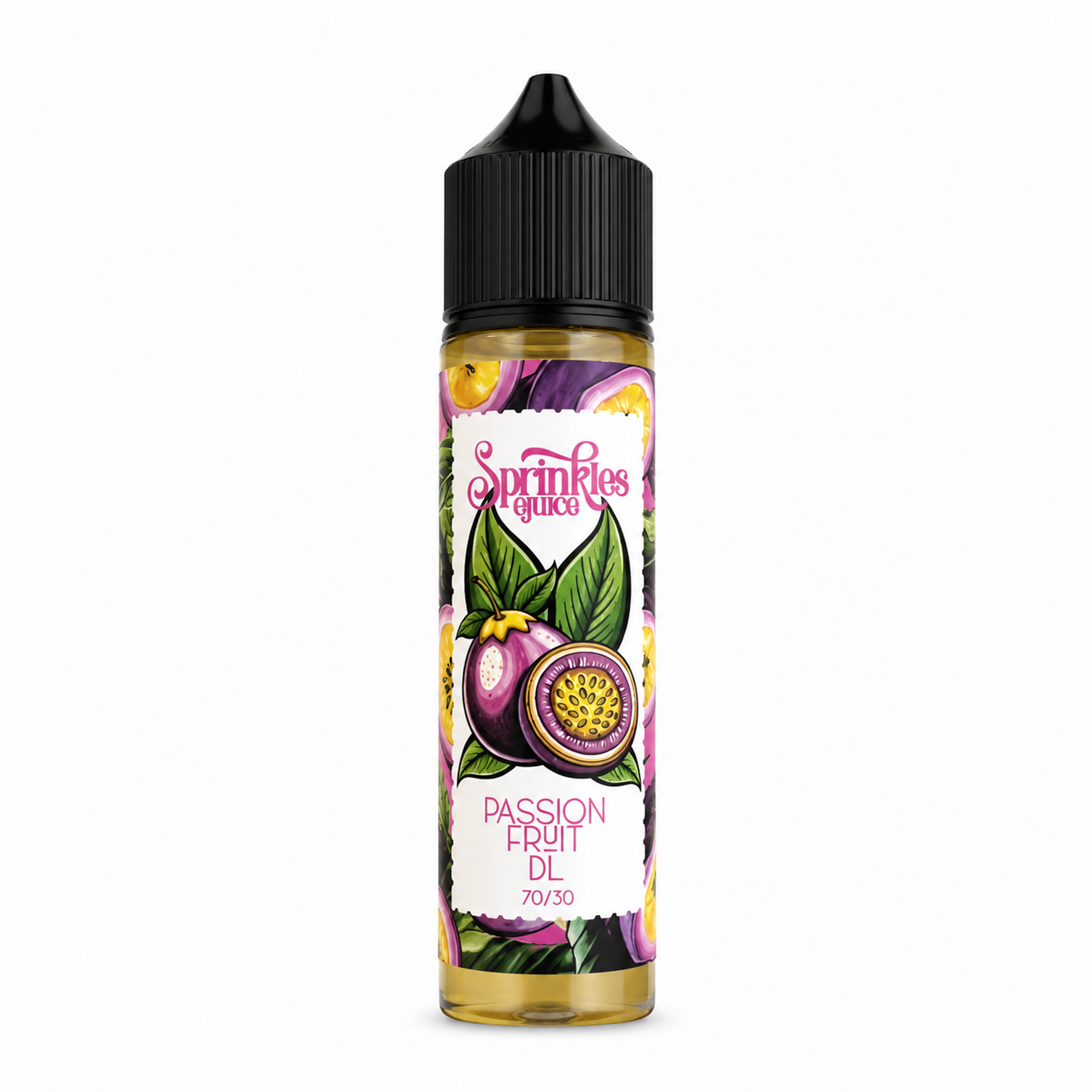 Bottle of SPRINKLES Passion Fruit E-Liquid in a 60ml bottle with colorful label, designed for vaping.