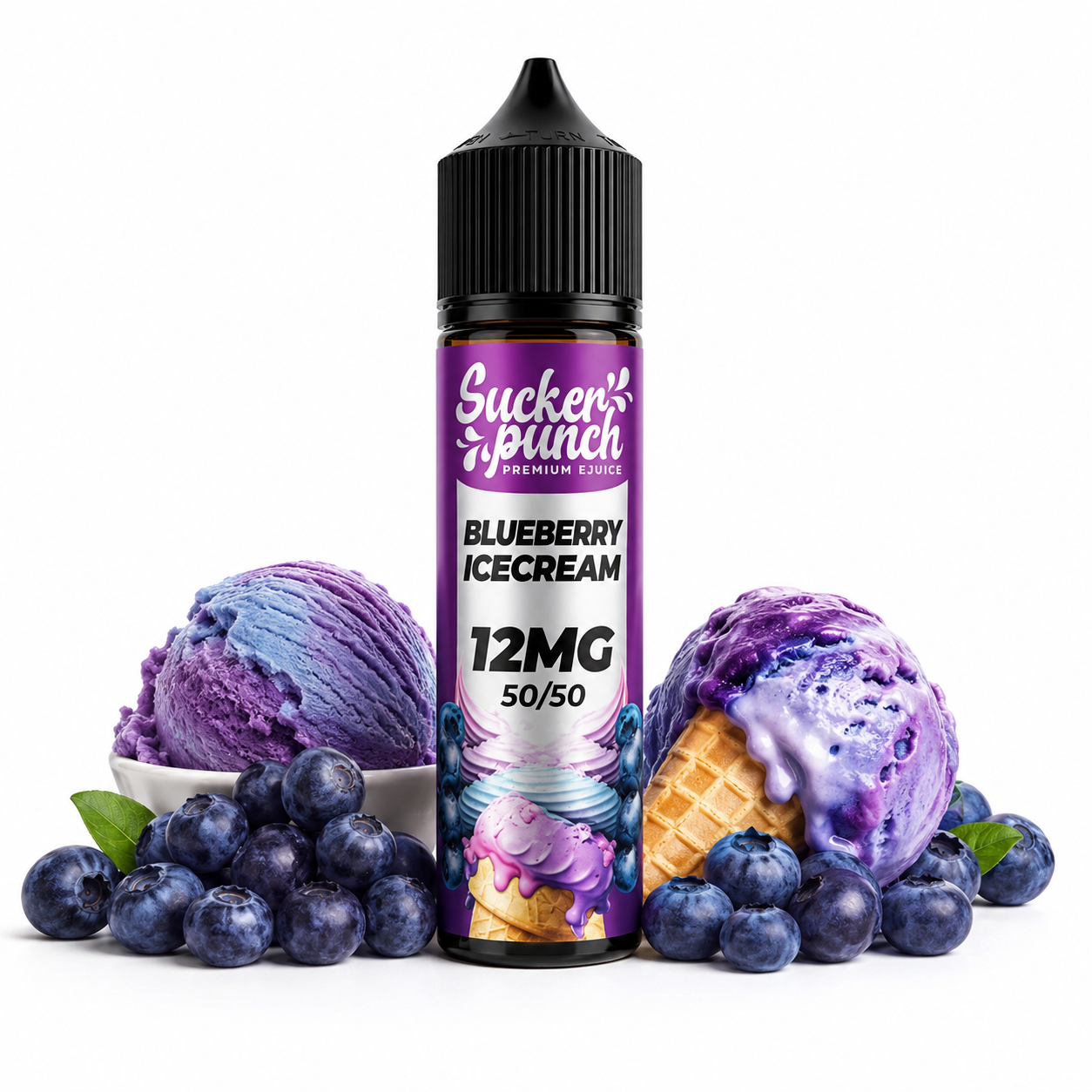 Sucker Punch Blueberry Ice Cream 60ml e-liquid bottle from Sucker Punch E-Juice, featuring blueberry and ice cream flavor design.