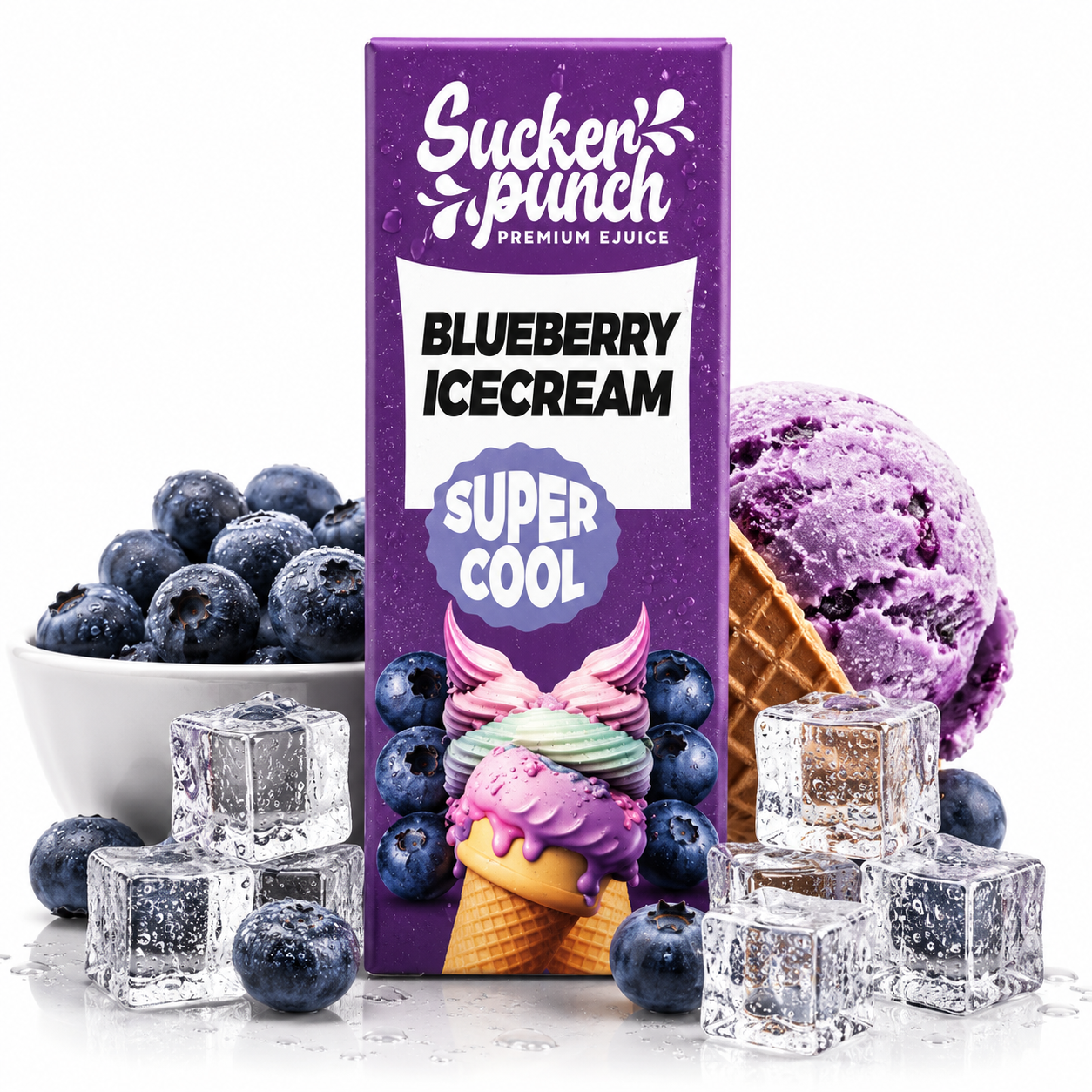 Sucker Punch Blueberry Ice Cream Super Cool salt e-liquid bottle with blueberry and ice cream flavor branding