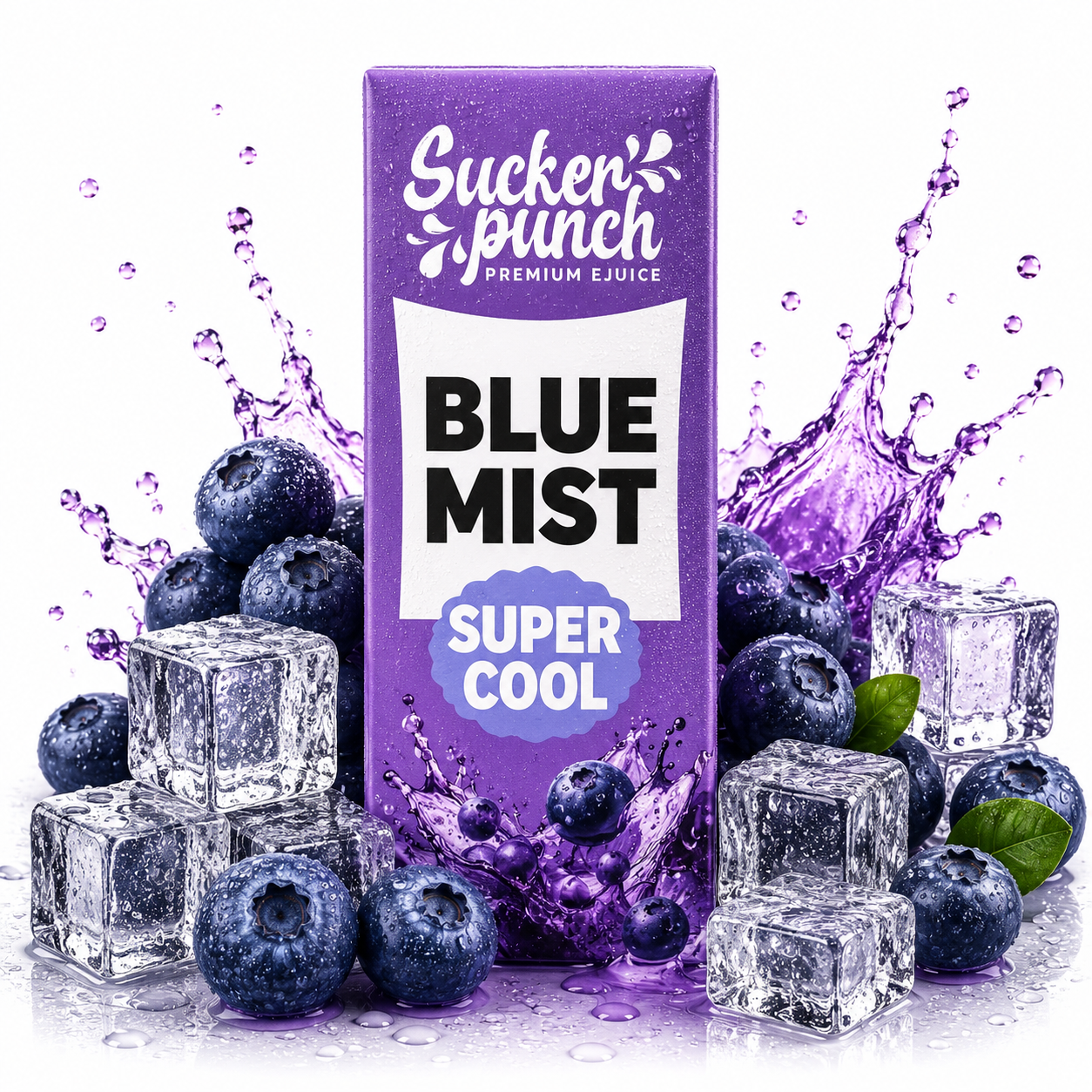 Sucker Punch Blue Mist Super Cool Salt E-Liquid bottle from Sucker Punch E-Juice with vibrant blue label and branding.
