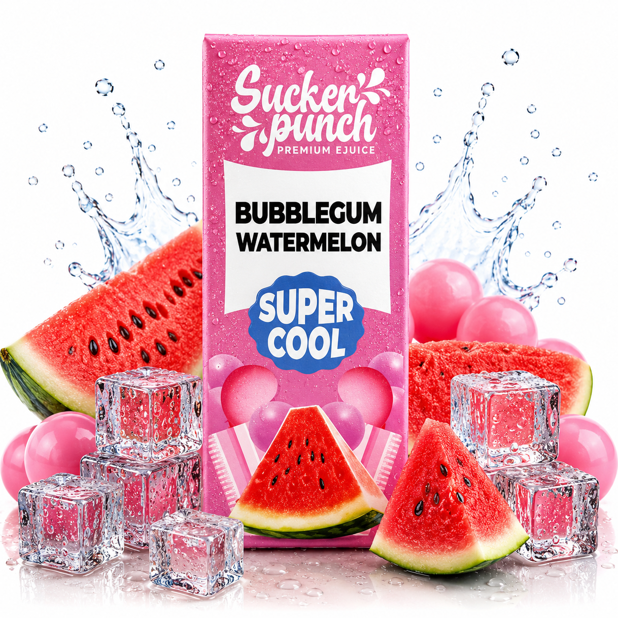 Sucker Punch Bubblegum Watermelon Super Cool Salt e-liquid bottle from Sucker Punch E-Juice with colorful label design
