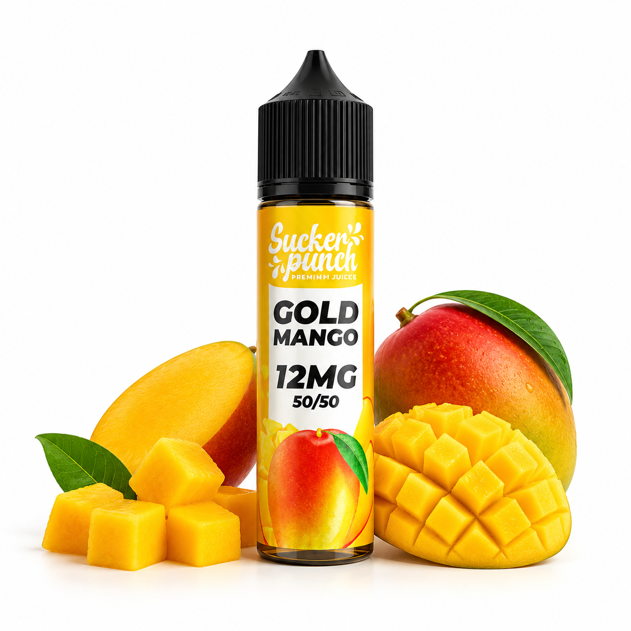 Sucker Punch Gold Mango 60ml MTL e-liquid bottle from Sucker Punch E-Juice, featuring mango flavor and sleek gold label design.