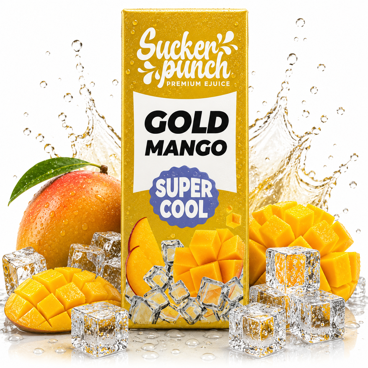 Sucker Punch Gold Mango Super Cool Salt E-Liquid bottle with vibrant label featuring mango and cool flavor imagery