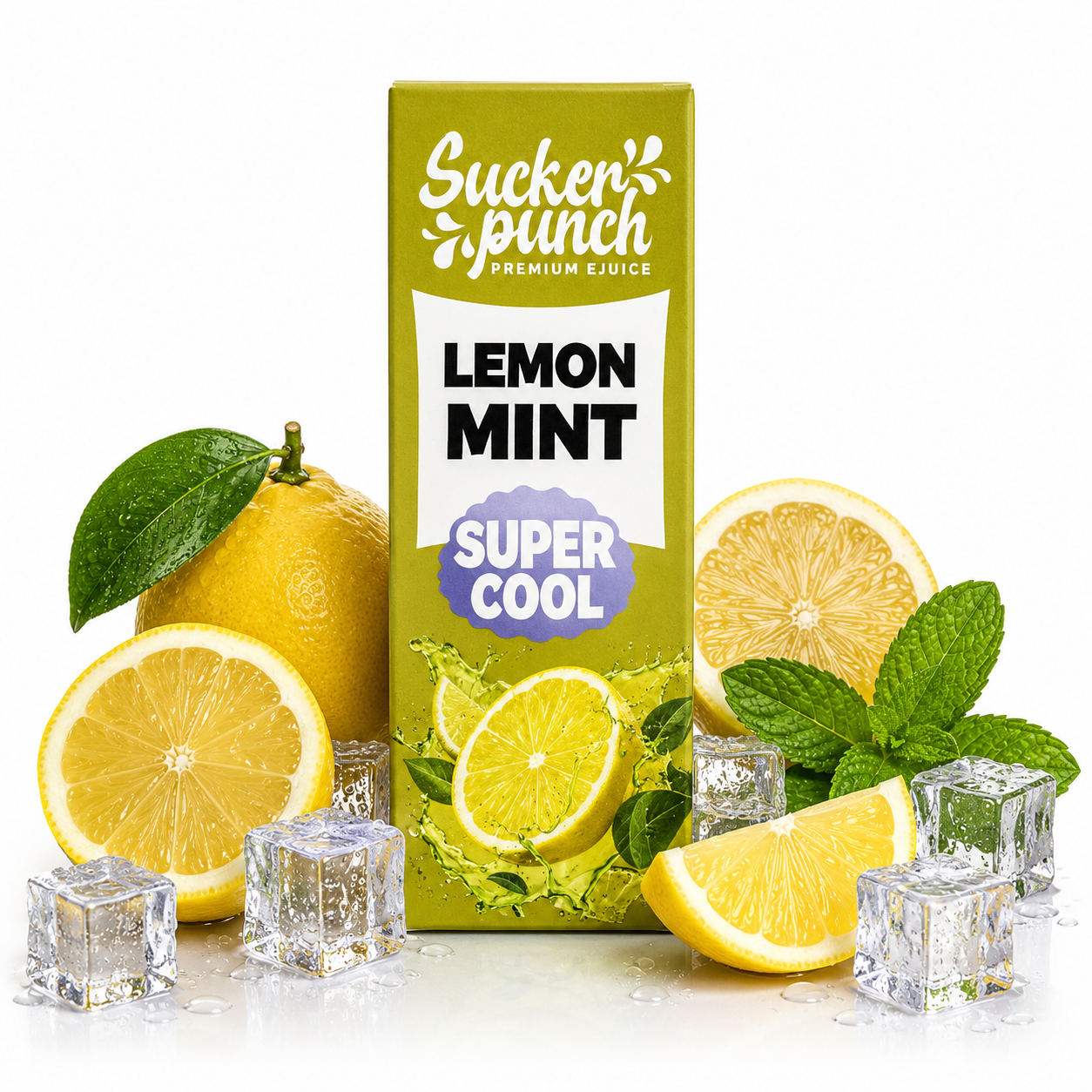 Sucker Punch Lemon Mint Super Cool salt e-liquid bottle from Sucker Punch E-Juice, featuring lemon and mint flavor profile.