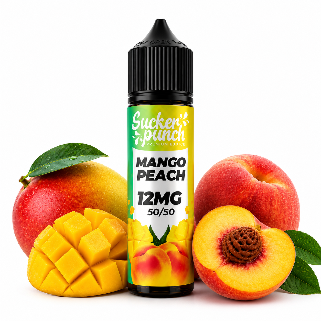 Sucker Punch Mango Peach 60ml e-liquid bottle from Sucker Punch E-Juice, with a colorful label and vibrant fruit imagery.