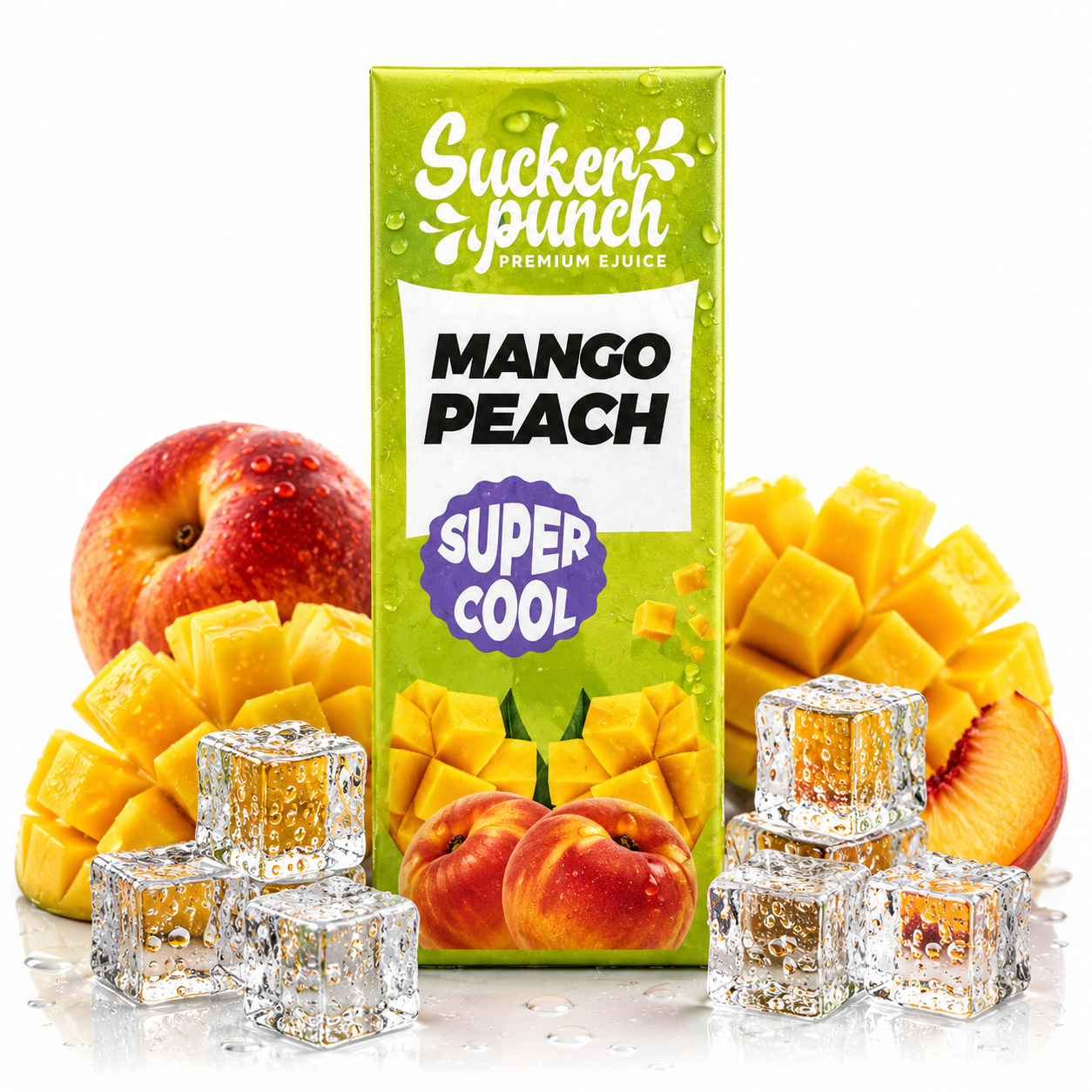 Sucker Punch Mango Peach Super Cool salt e-liquid bottle with colorful label featuring mango and peach illustrations.
