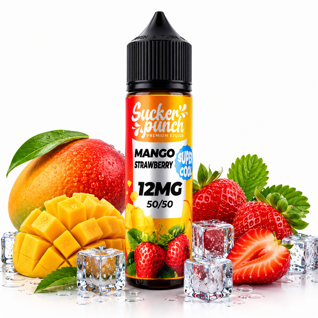 Sucker Punch Mango Strawberry Super Cool 60ml e-liquid bottle from Sucker Punch E-Juice with vibrant label design.