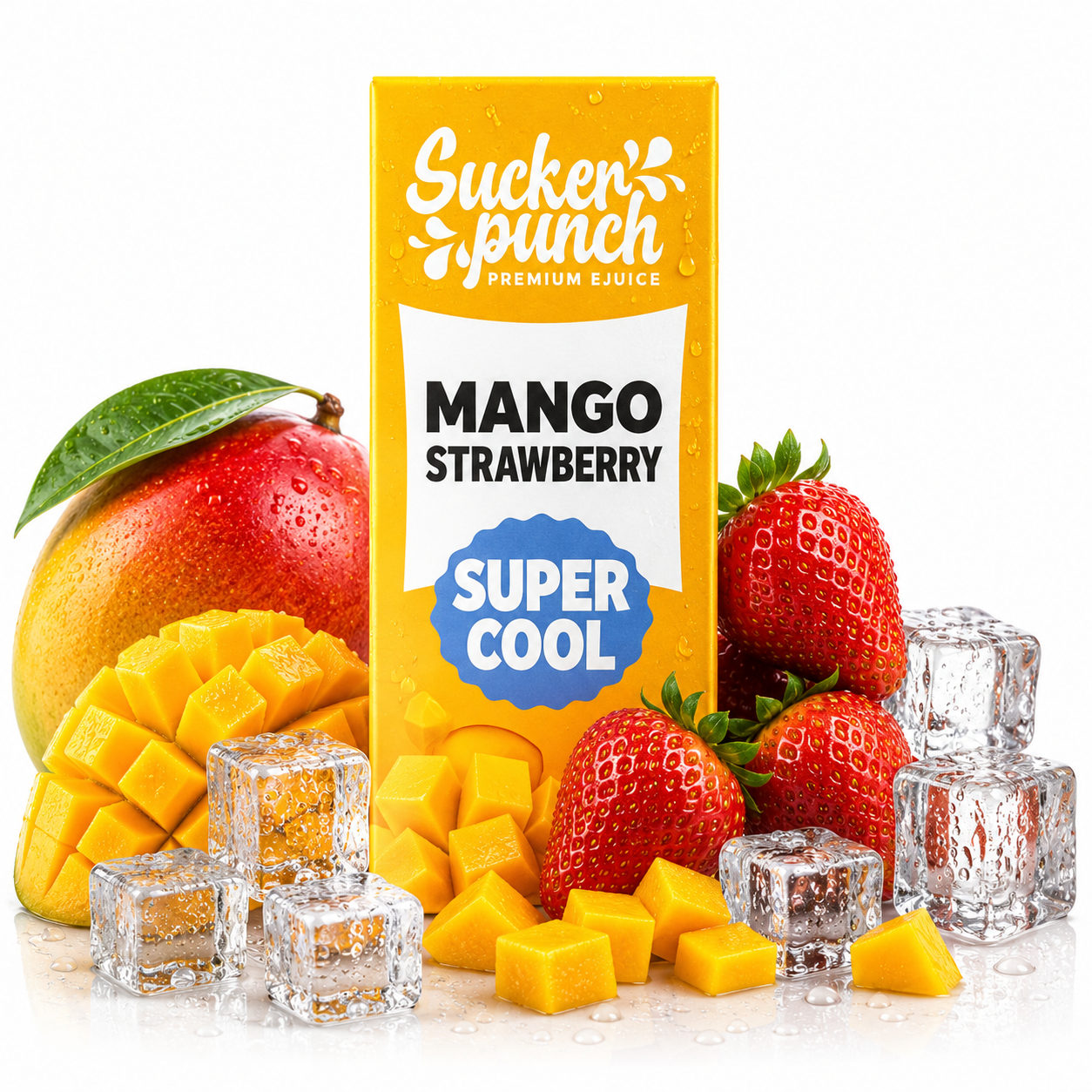 Sucker Punch Mango Strawberry Super Cool salt e-liquid bottle from Sucker Punch E-Juice, with colorful label and flavor details.