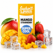 Sucker Punch Mango Strawberry Super Cool salt e-liquid bottle from Sucker Punch E-Juice, with colorful label and flavor details.