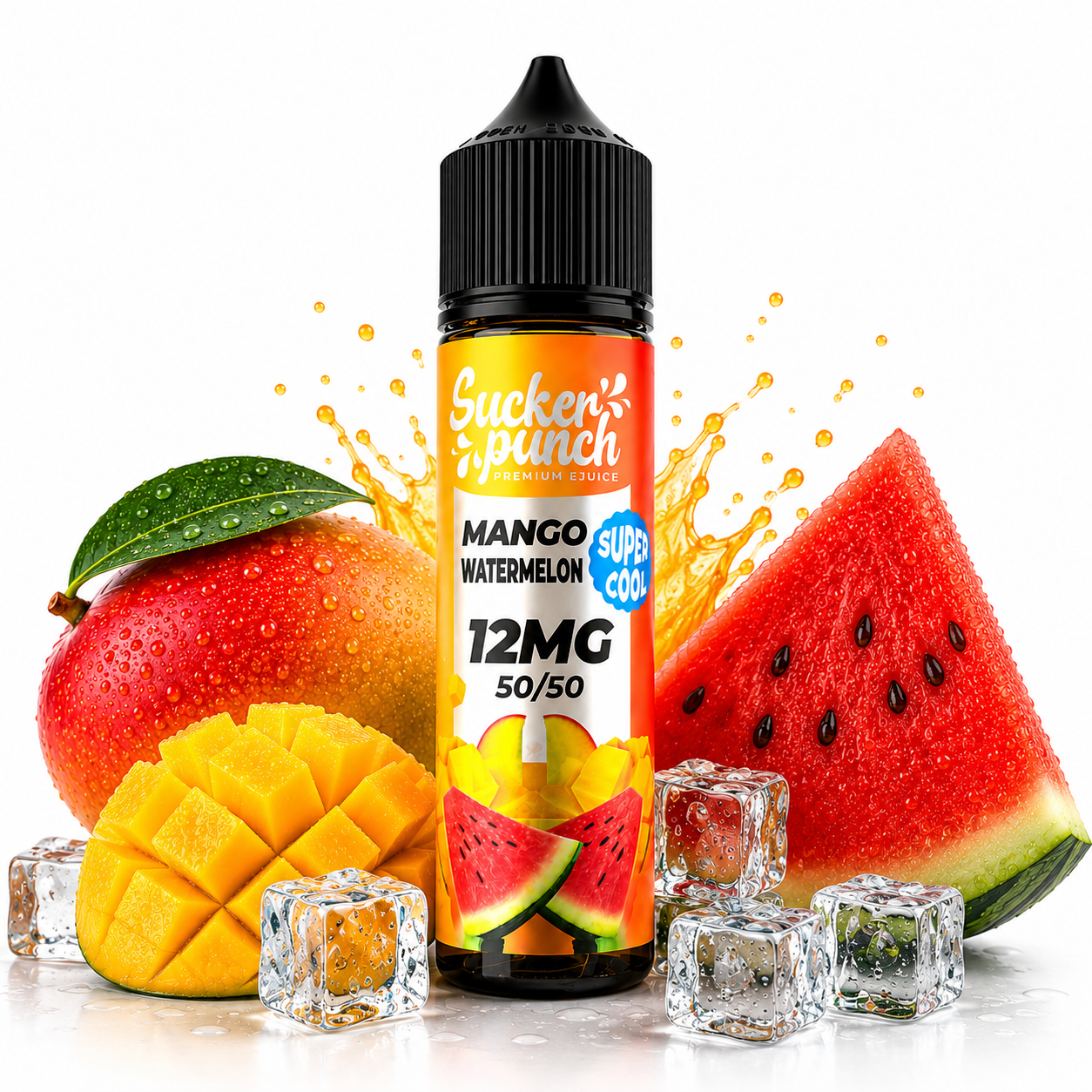 Sucker Punch Mango Watermelon Super Cool 60ml e-liquid bottle from Sucker Punch E-Juice with vibrant label design.