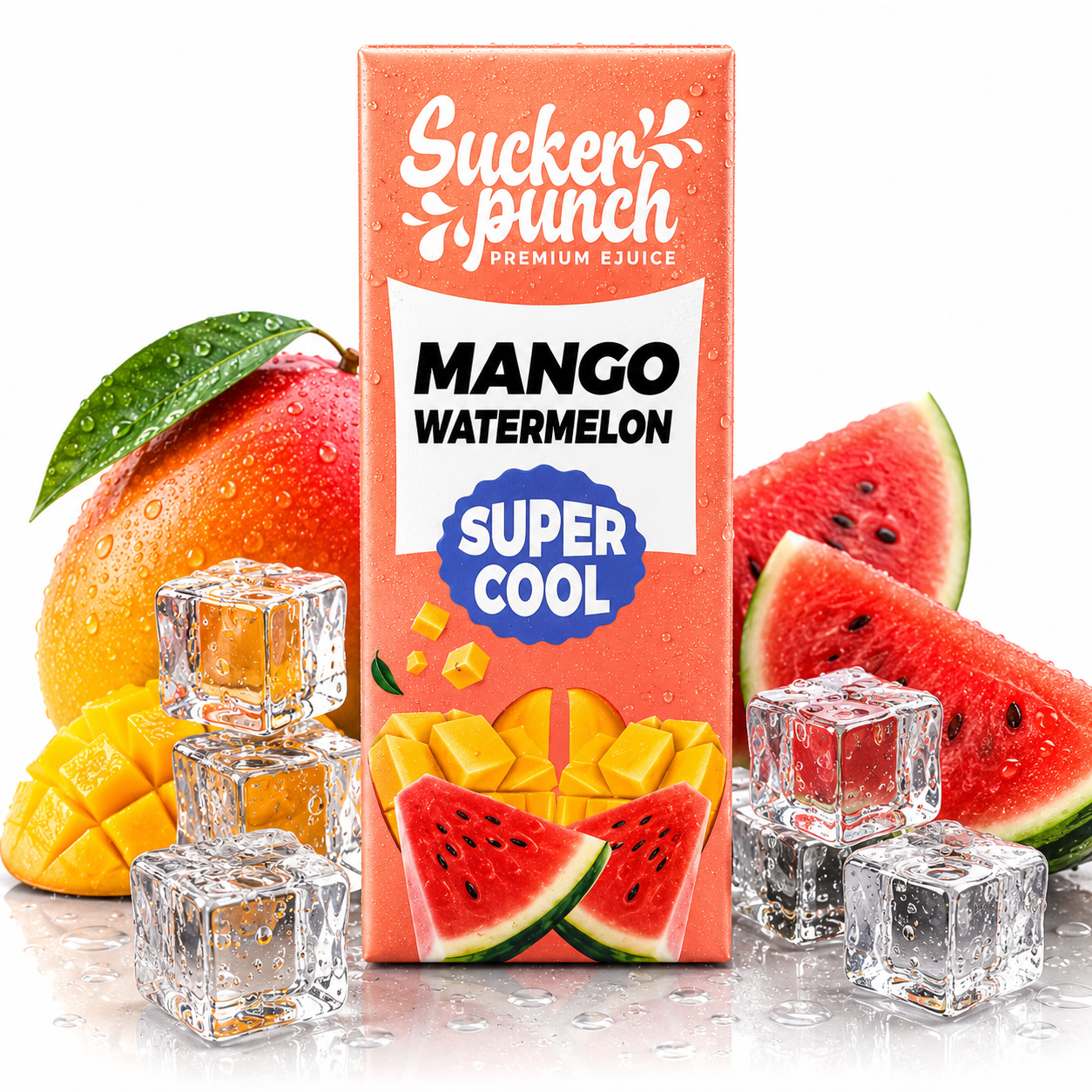Sucker Punch Mango Watermelon Super Cool salt e-liquid bottle from Sucker Punch E-Juice, with vibrant mango and watermelon flavor labels.
