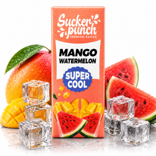 Sucker Punch Mango Watermelon Super Cool salt e-liquid bottle from Sucker Punch E-Juice, with vibrant mango and watermelon flavor labels.