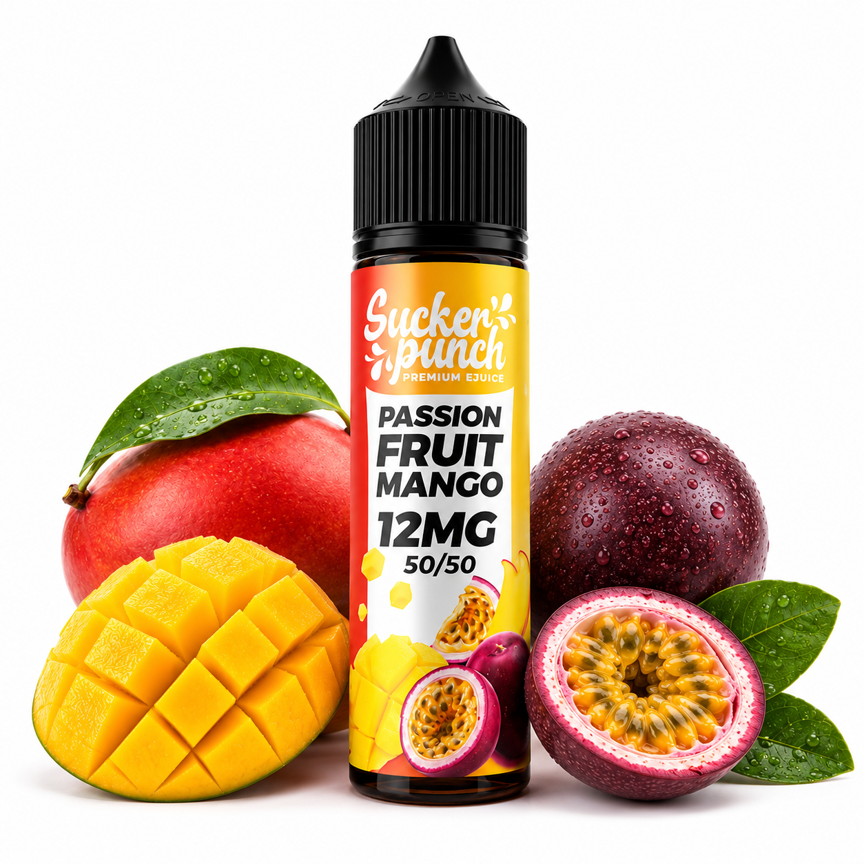 Sucker Punch Passion Fruit Mango e-liquid 60ml bottle from Sucker Punch E-Juice, featuring vibrant passion fruit and mango flavor.