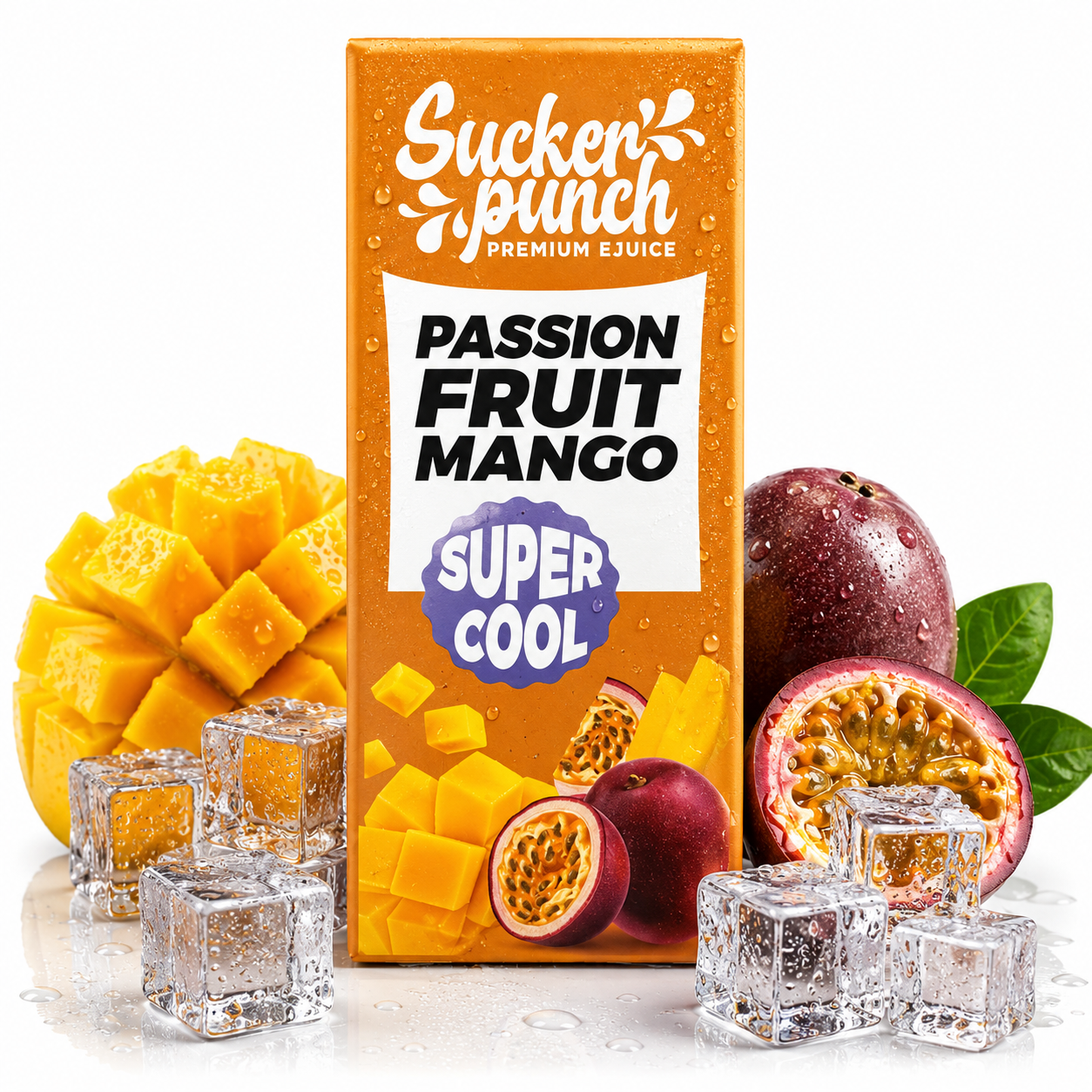Sucker Punch Passion Fruit Mango Salt e-liquid bottle from Sucker Punch E-Juice, showcasing vibrant label art and product details.