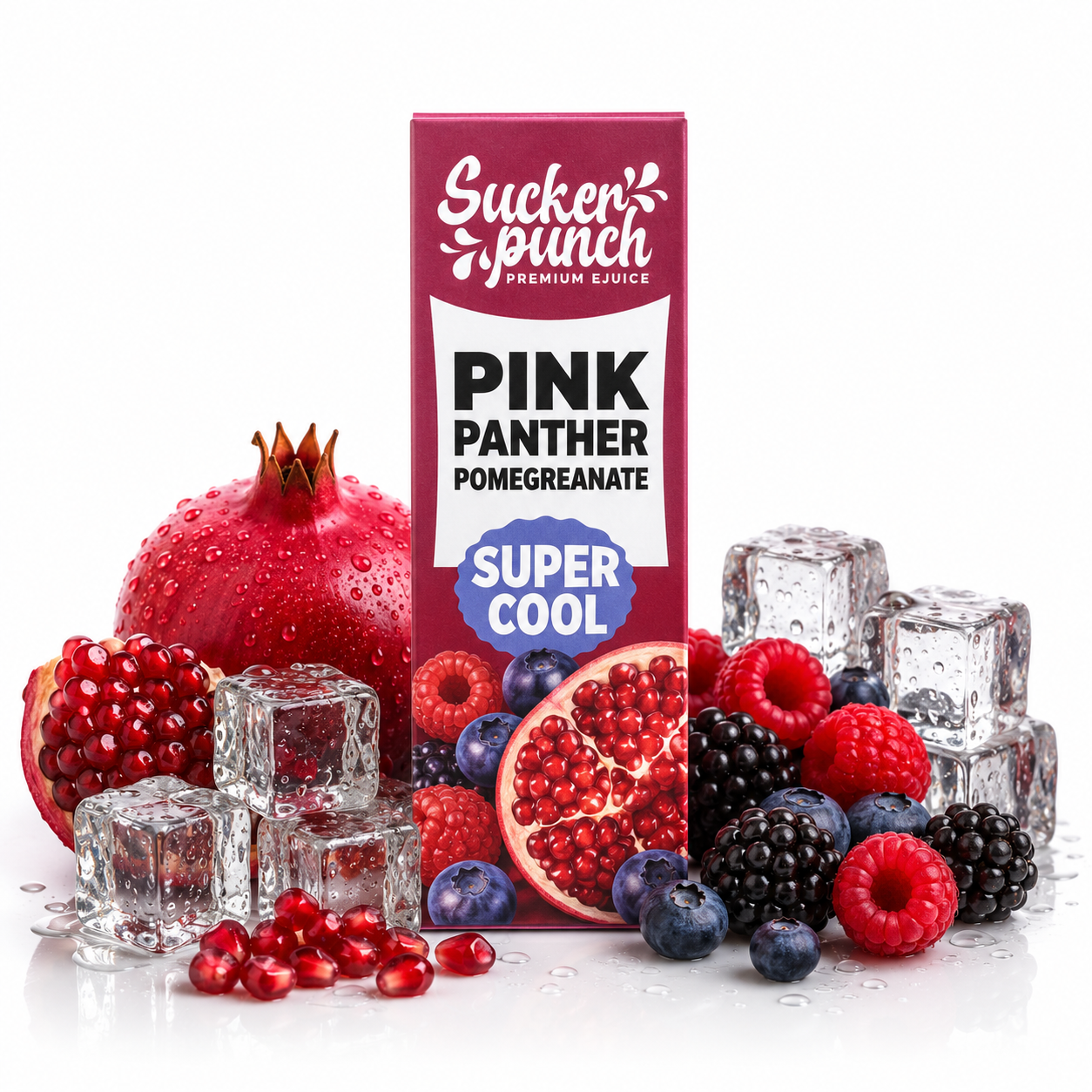 Sucker Punch Pink Panther Pomegranate Salt e-liquid bottle from Sucker Punch E-Juice with colorful label design.