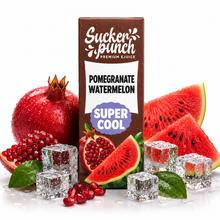 Sucker Punch Pomegranate Watermelon Super Cool salt e-liquid bottle from Sucker Punch E-Juice with vibrant label design.