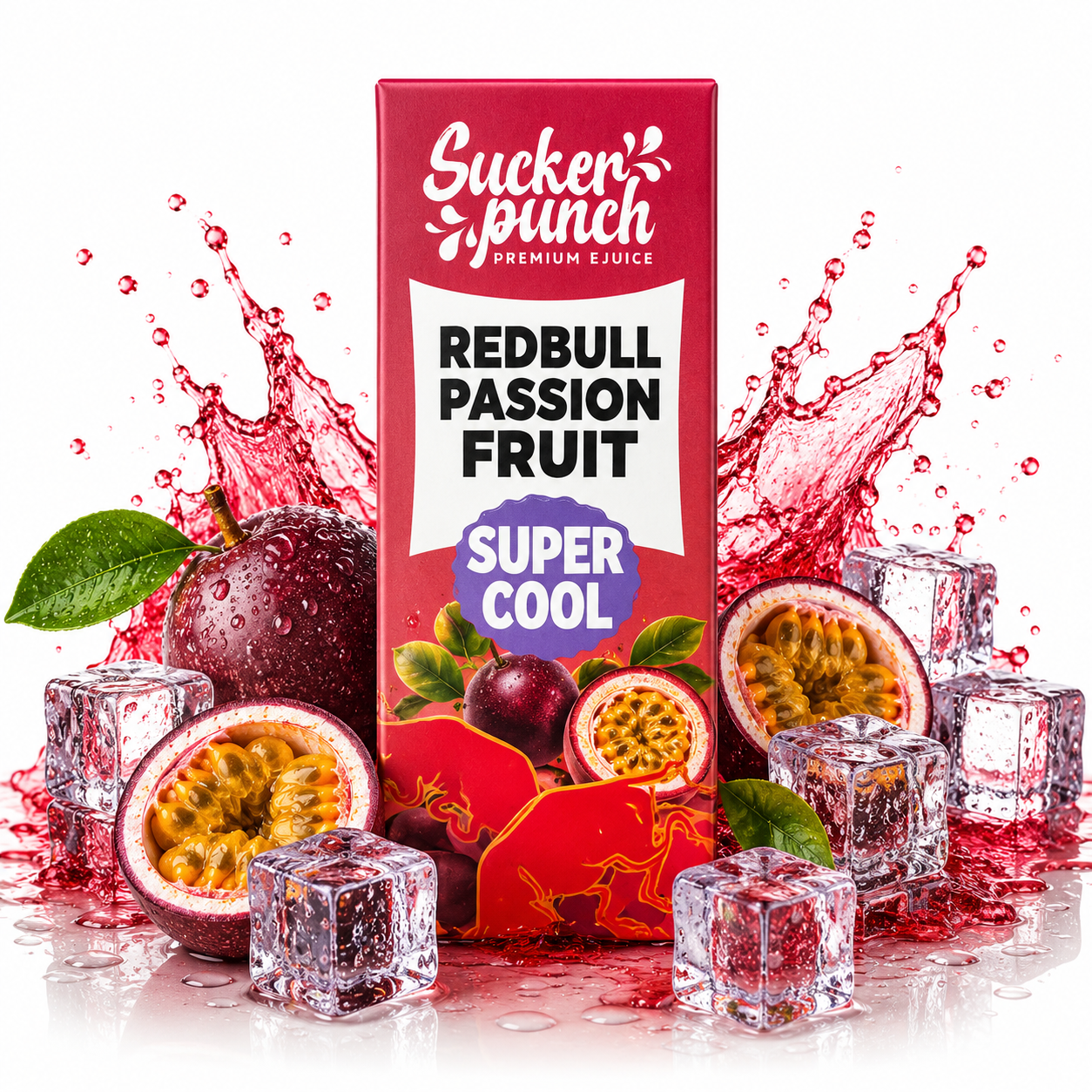 Sucker Punch Redbull Passion Fruit Super Cool salt e-liquid bottle from Sucker Punch E-Juice with vibrant label design.