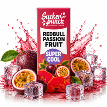 Sucker Punch Redbull Passion Fruit Super Cool salt e-liquid bottle from Sucker Punch E-Juice with vibrant label design.