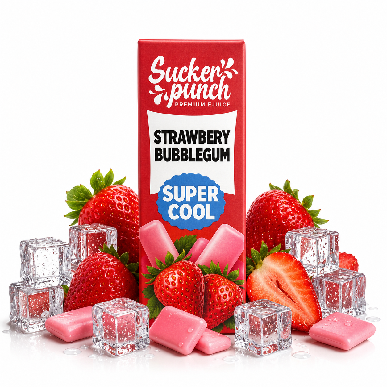 Sucker Punch Strawberry Bubblegum Super Cool salt e-liquid bottle from Sucker Punch E-Juice with fruity bubblegum flavor.
