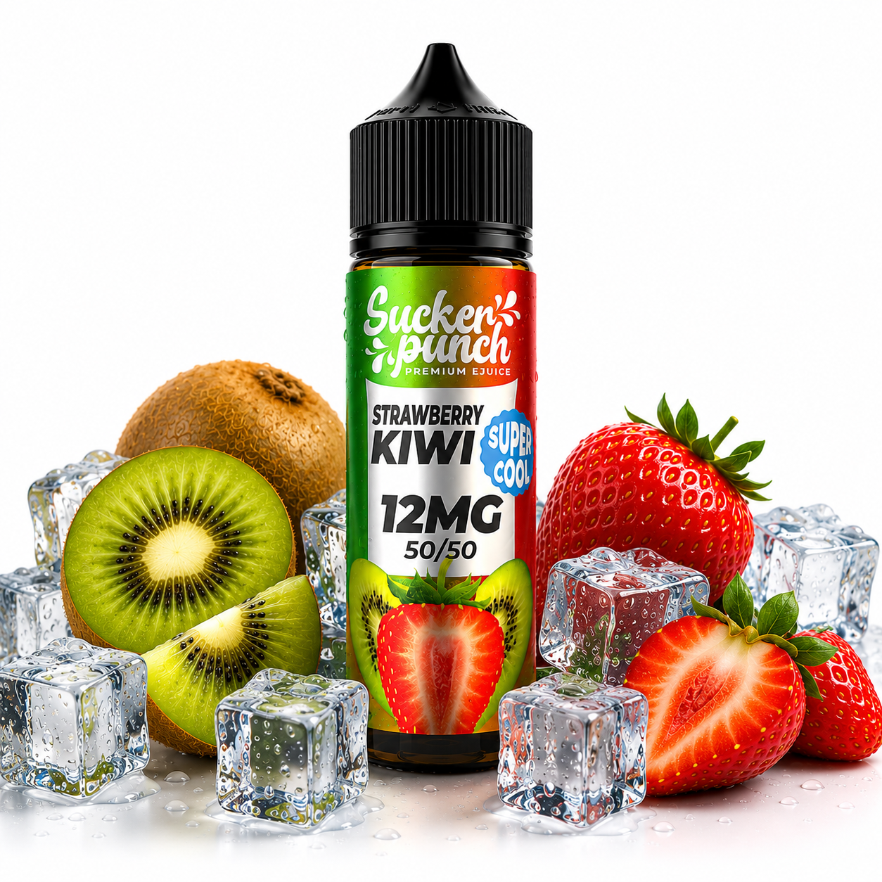 Sucker Punch Strawberry Kiwi Super Cool 60ml e-liquid bottle from Sucker Punch E-Juice, featuring fresh strawberry and kiwi flavor.