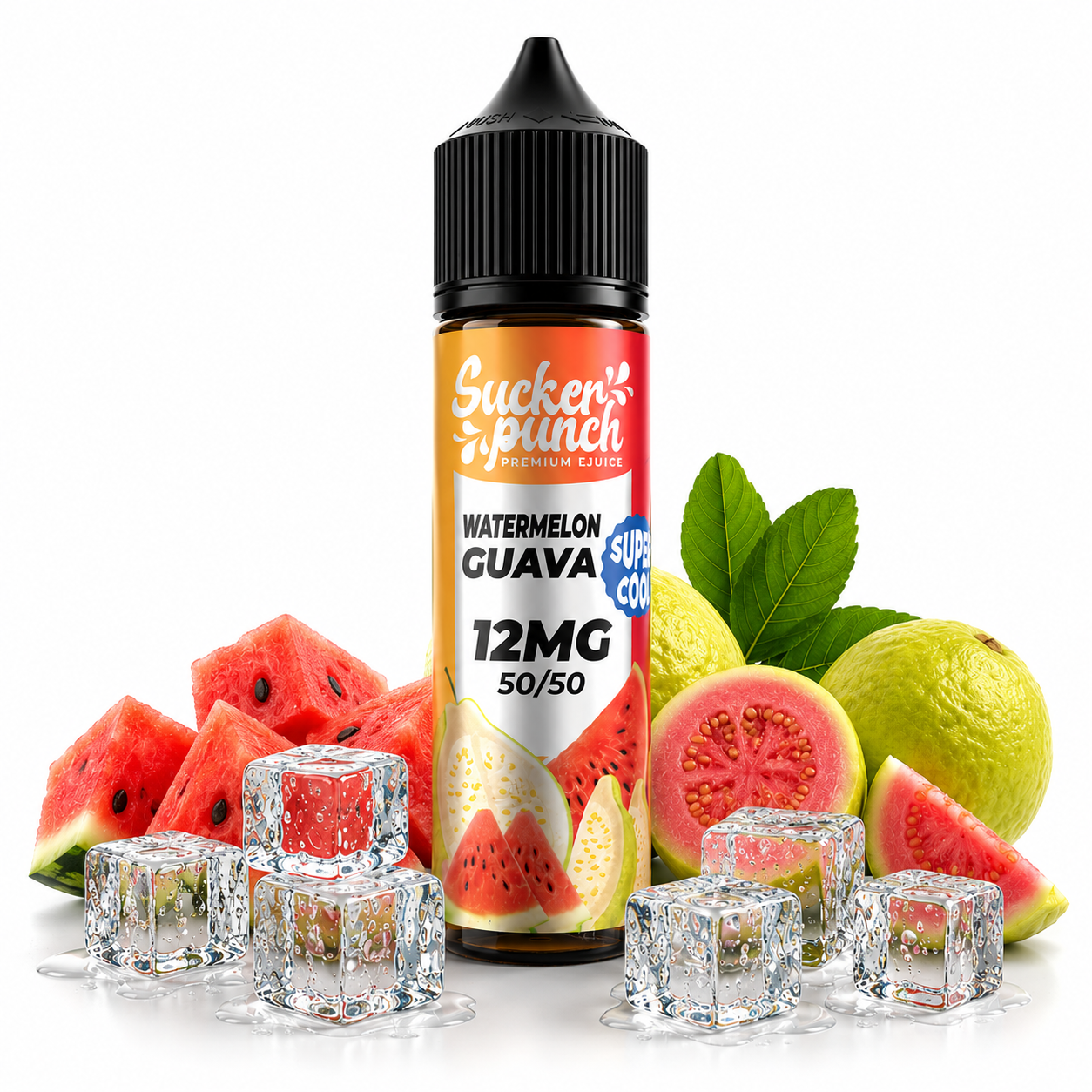 Sucker Punch Watermelon Guava Super Cool 60ml e-liquid bottle from Sucker Punch E-Juice with fruity flavor and cooling menthol effect.