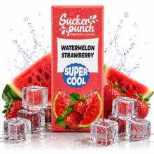 Sucker Punch Watermelon Strawberry Salt E-Liquid bottle from Sucker Punch E-Juice, featuring vibrant watermelon and strawberry flavor imagery.