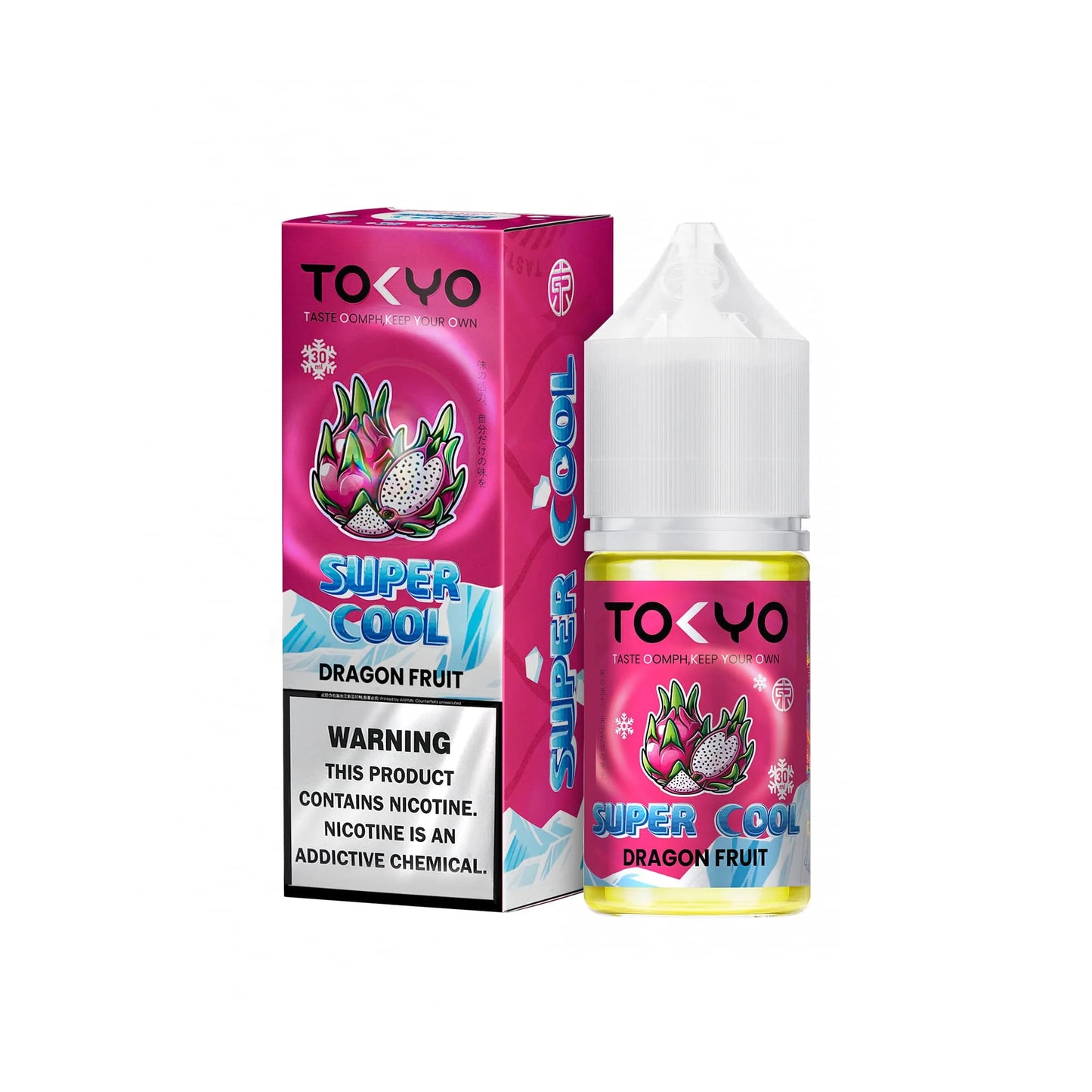 TOKYO E-JUICE Super Cool Dragon Fruit 30ml salt e-liquid bottle with vibrant dragon fruit flavor label.