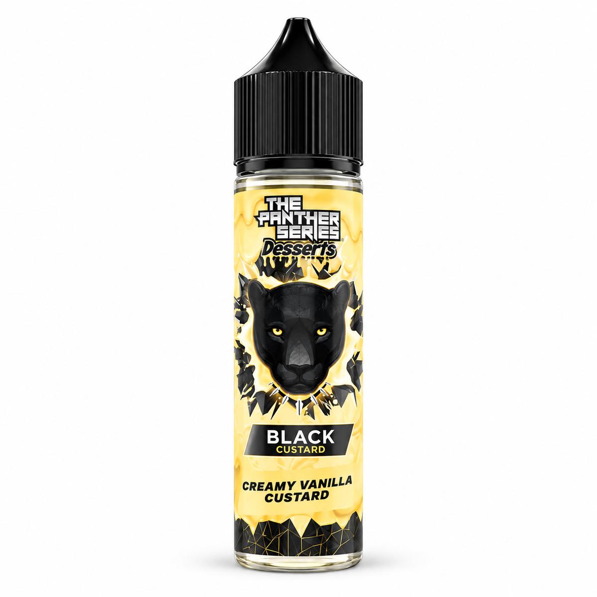 Black custard e-liquid from THE PANTHER SERIES Desserts in 60ml bottle, featuring rich dessert flavor and smooth vapor.