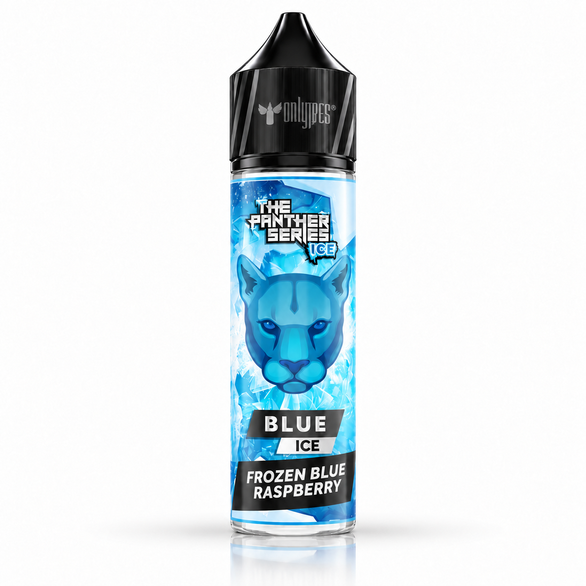 E-liquid bottle from THE PANTHER SERIES, Ice Blue Ice flavor, 60ml size, clear bottle with blue label and dropper cap.