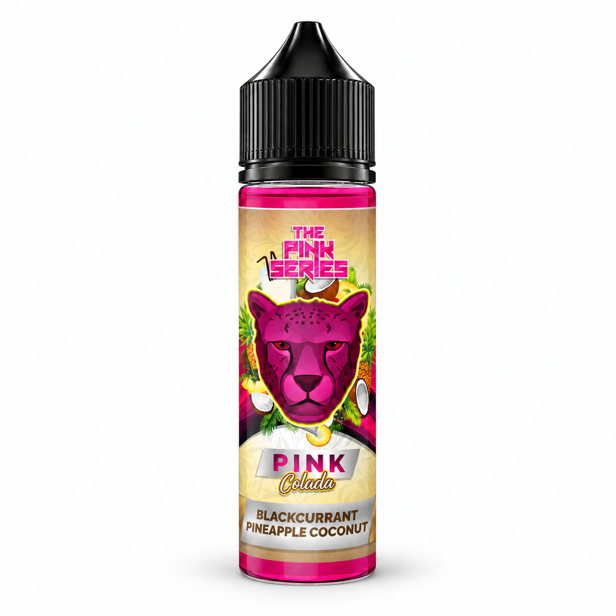 Bottle of THE PINK SERIES Pink Colada 60ml e-liquid with pink and white label, showcasing tropical flavor and vibrant packaging.