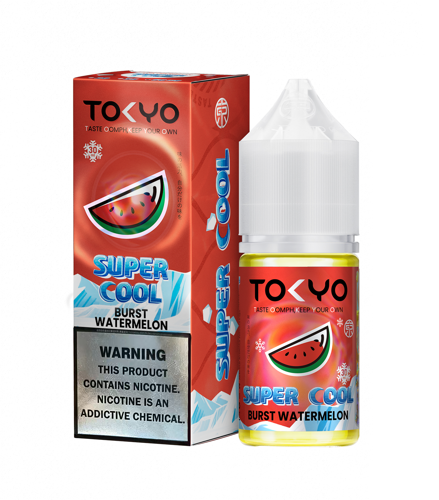 Tokyo Iced Blueberry Watermelon vape juice bottle and packaging on a white background