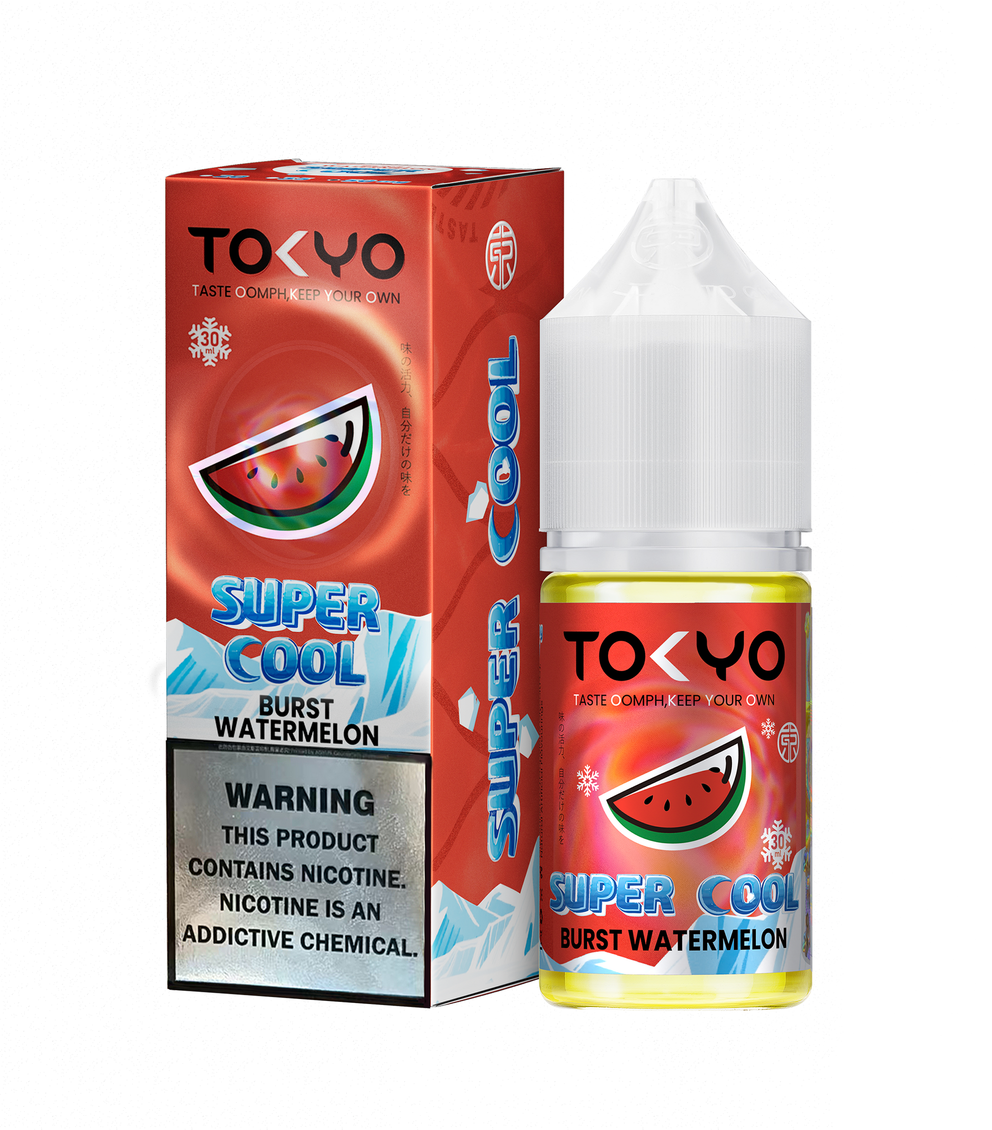 Tokyo Iced Blueberry Watermelon vape juice bottle and packaging on a white background