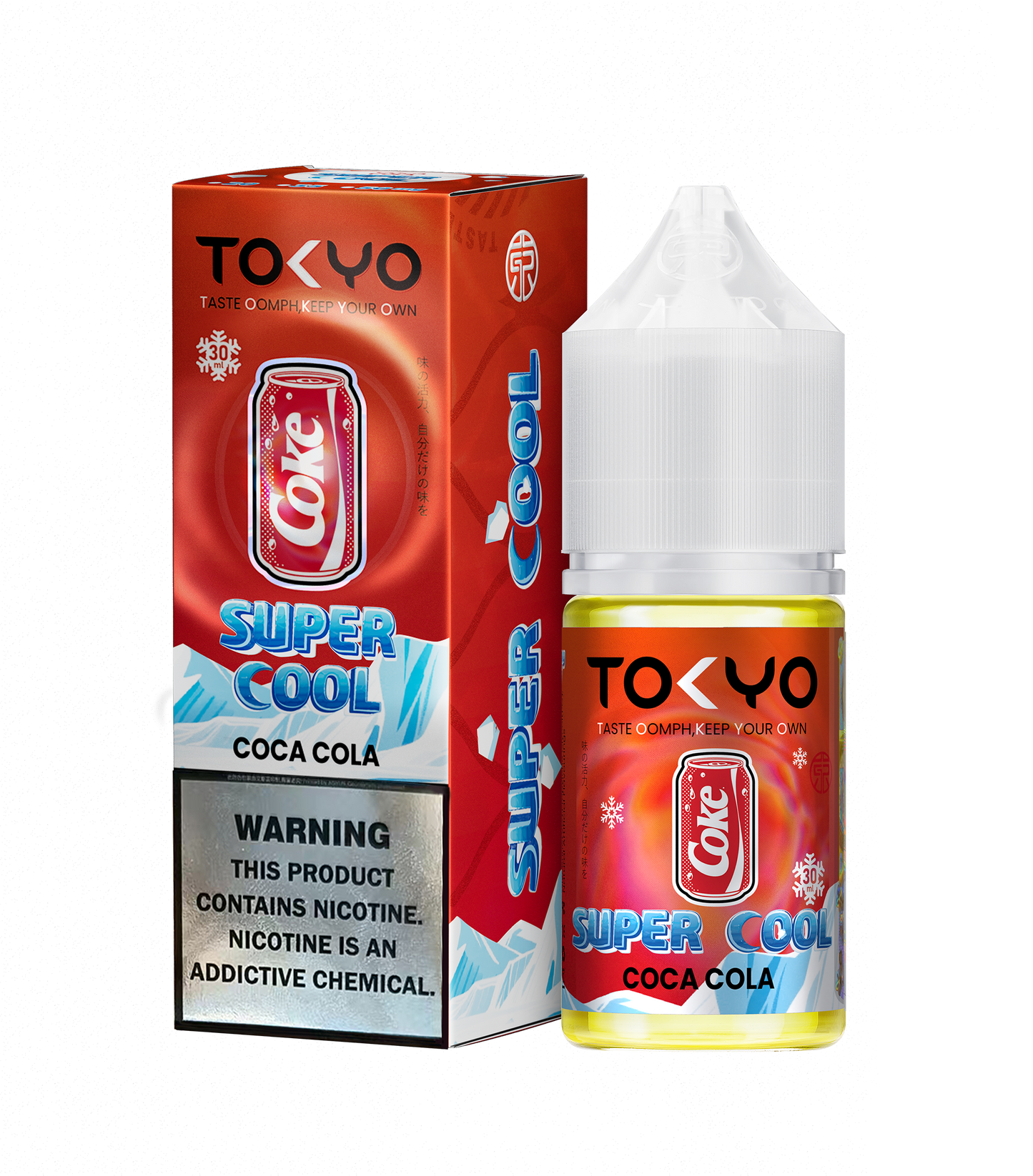 Tokyo Iced Strawberry Kiwi vape juice bottle and packaging on a white background