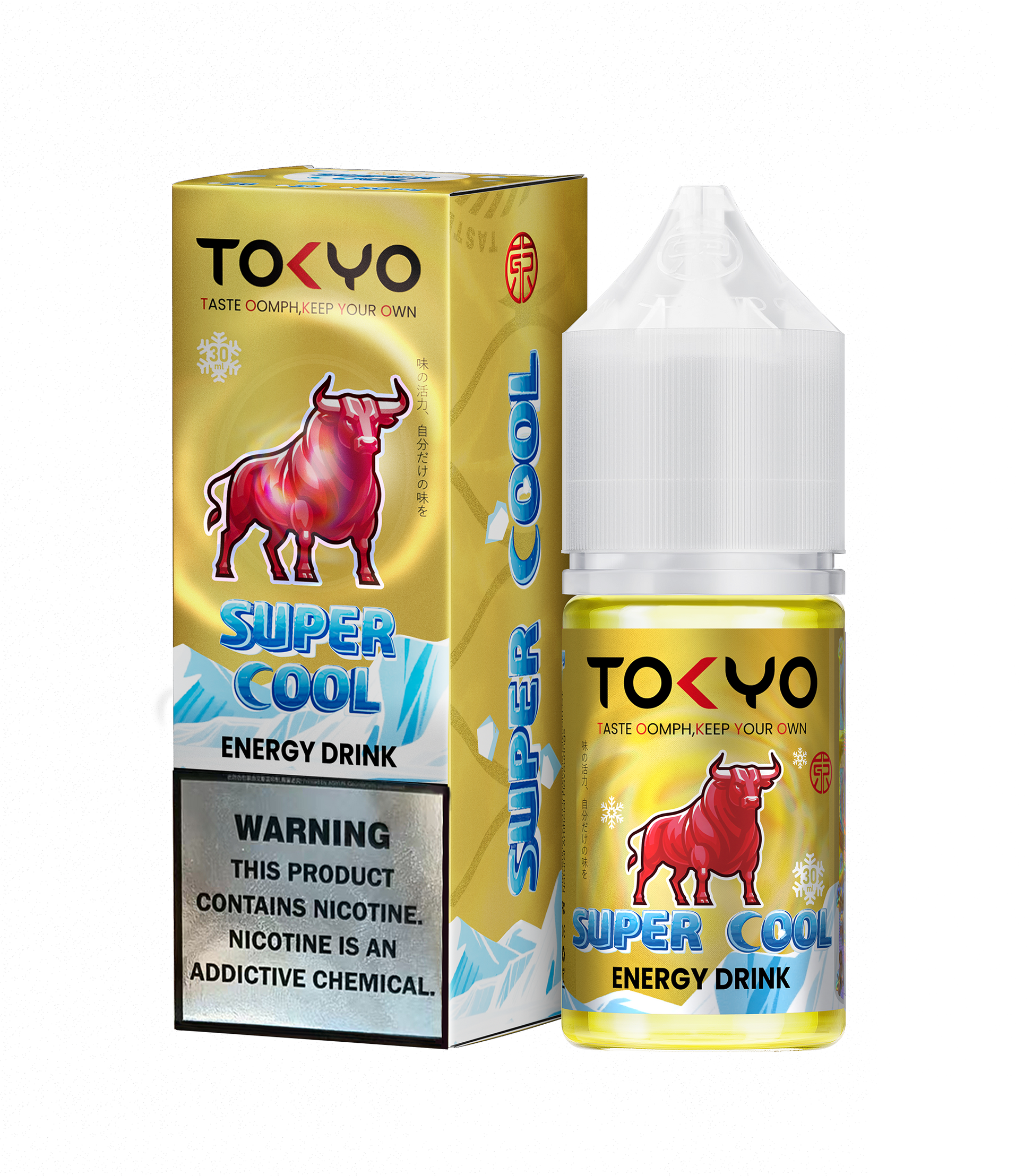 Tokyo Super Cool energy drink packaging with a yellow and red design featuring a bull.