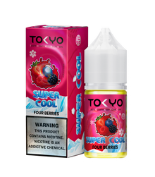 TOKYO E-JUICE Super Cool Four Berries 30ml salt e-liquid bottle with colorful label featuring berries and cooling design.