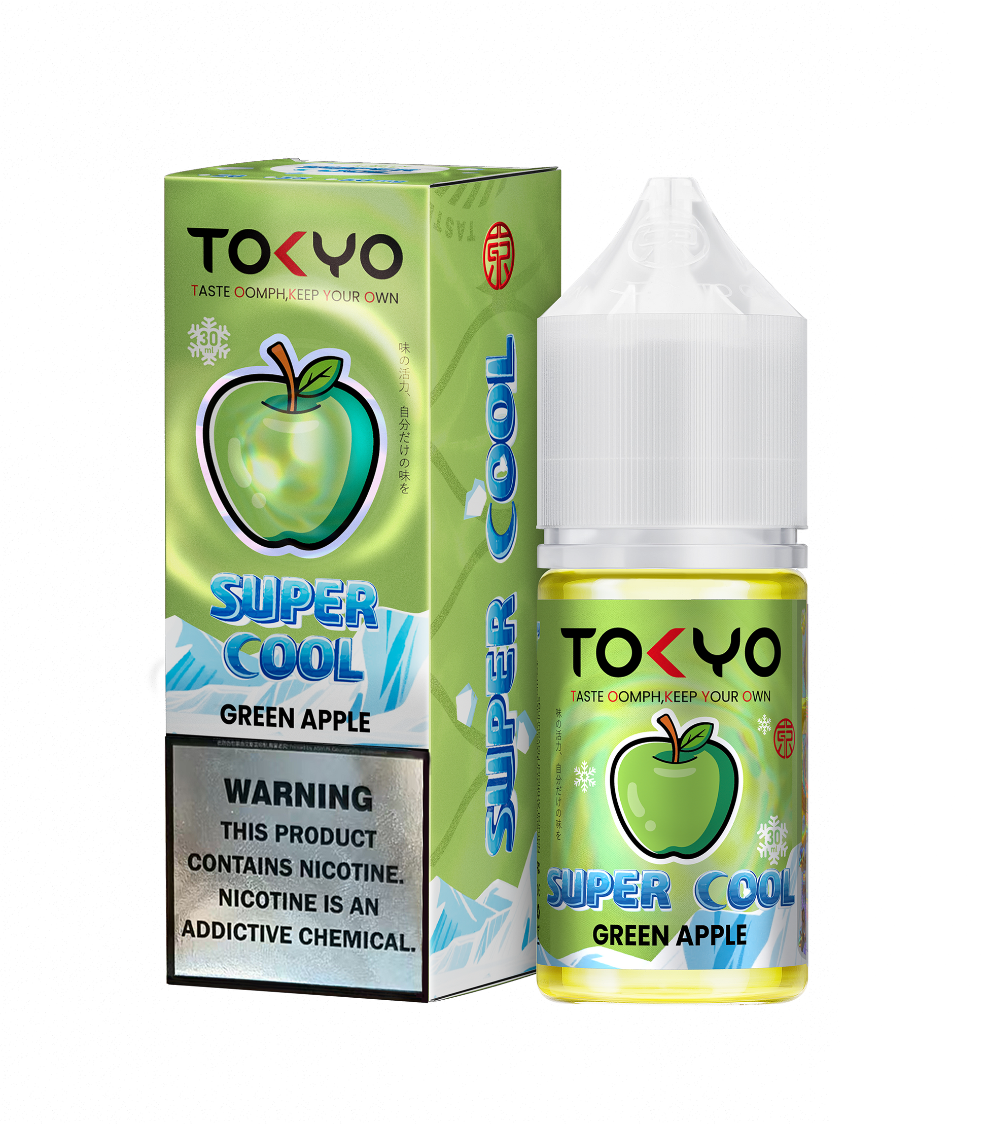 Tokyo Iced Mango Peach vape juice packaging with warning label on a white background