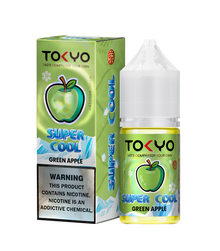 TOKYO E-JUICE Super Cool Green Apple salt e-liquid bottle, 30ml, with bright green apple flavor and cooling sensation.