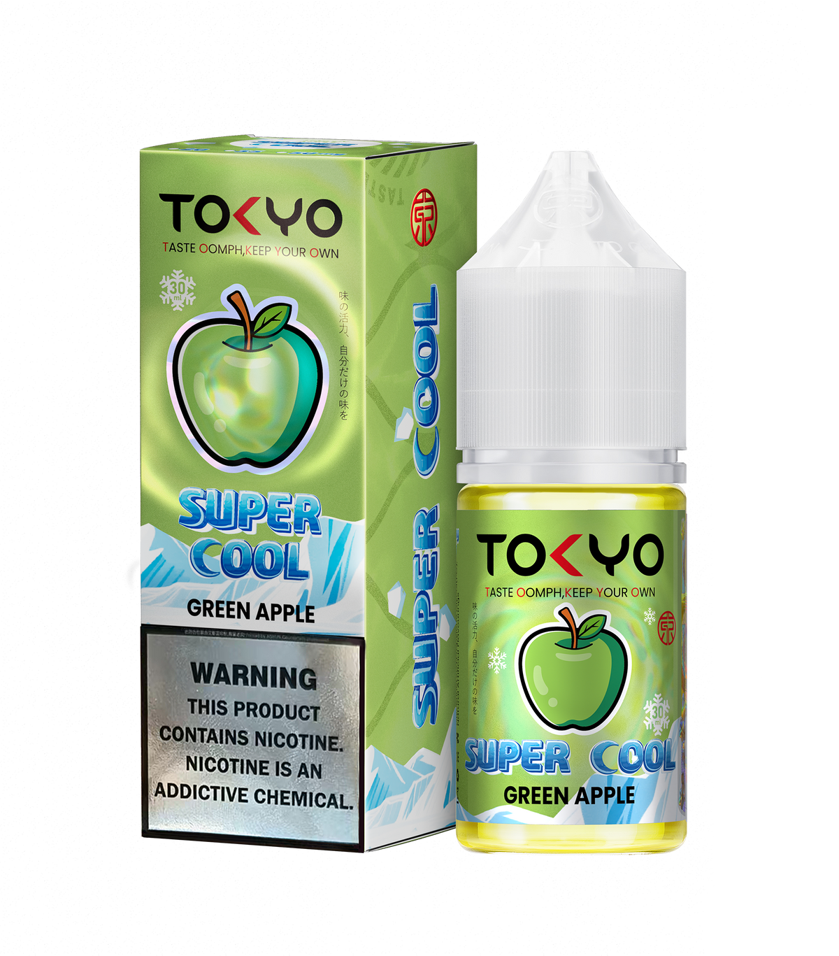 TOKYO E-JUICE Super Cool Green Apple salt e-liquid bottle, 30ml, with bright green apple flavor and cooling sensation.