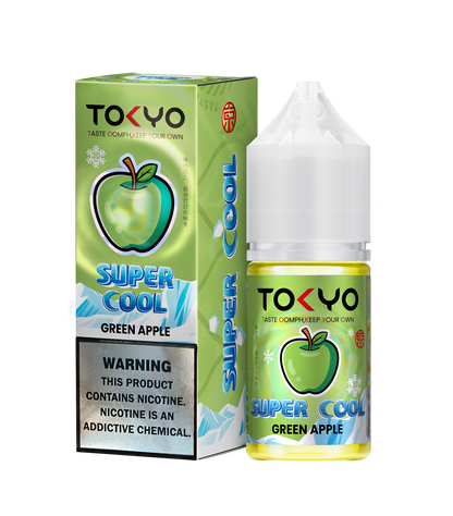 TOKYO E-JUICE Super Cool Green Apple salt e-liquid bottle, 30ml, with bright green apple flavor and cooling sensation.