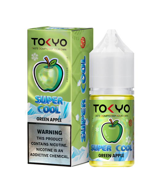 TOKYO E-JUICE Super Cool Green Apple salt e-liquid bottle, 30ml, with bright green apple flavor and cooling sensation.
