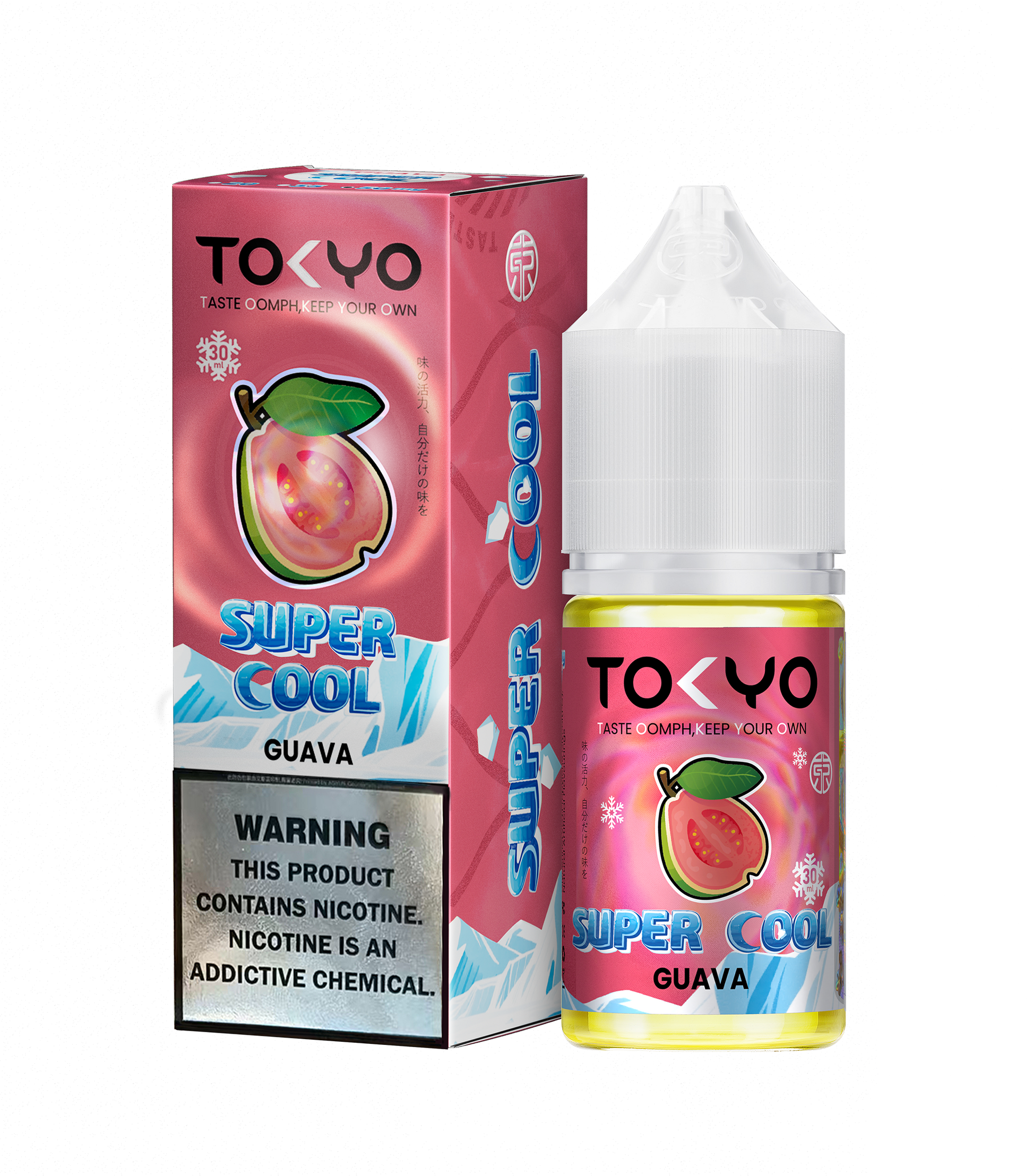 Tokyo Super Cool Guava e-liquid packaging on a white background